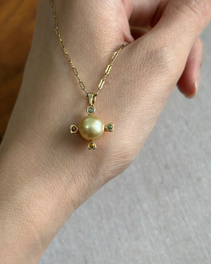 14K Solid Gold South Sea Golden Pearl 10mm And Tourmaline Necklace