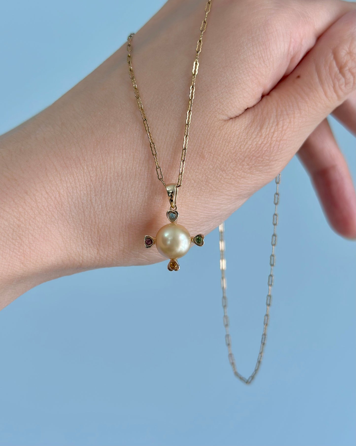 14K Solid Gold South Sea Golden Pearl 10mm And Tourmaline Necklace