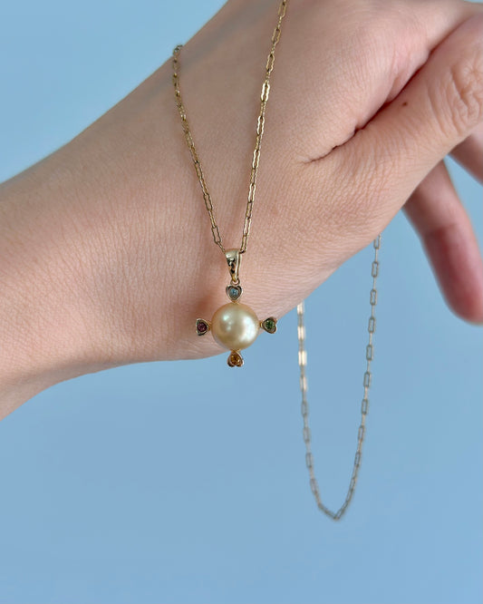 14K Solid Gold South Sea Golden Pearl 10mm And Tourmaline Necklace