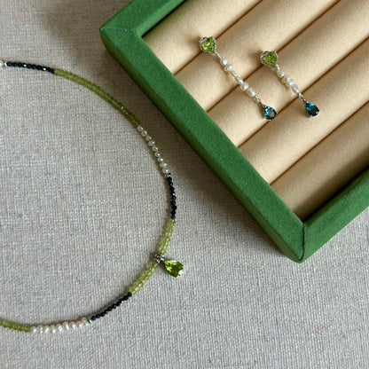 CHRISTMAS SET (2 ITEMS) Peridot Mixed Sapphire Beaded Necklace & Topaz Two-way Earring