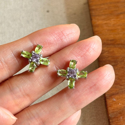 Peridot Cross And Amethyst Sterling Silver Ear Stud