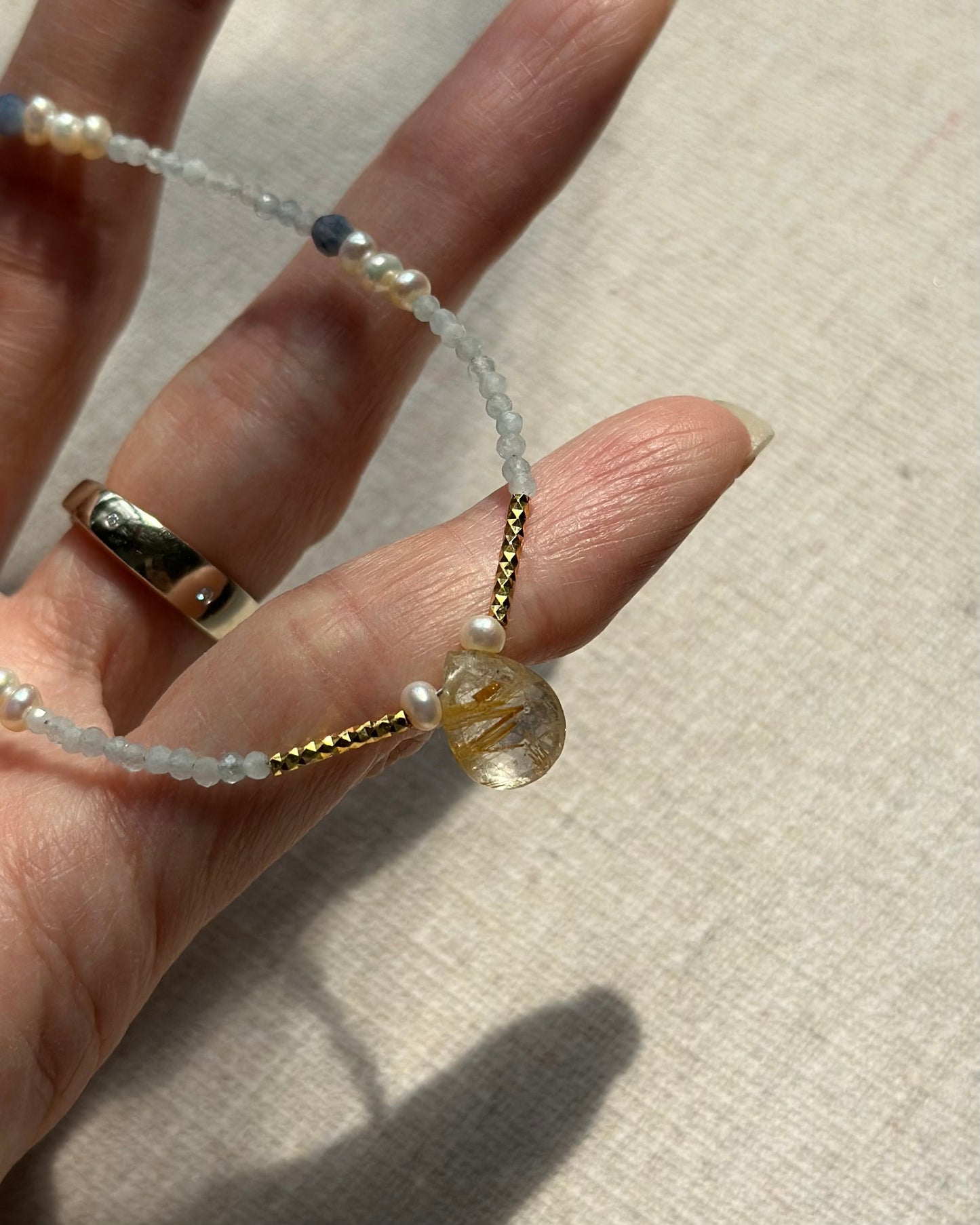 Aquamarine And Golden Rutilated Quartz Beaded Necklace