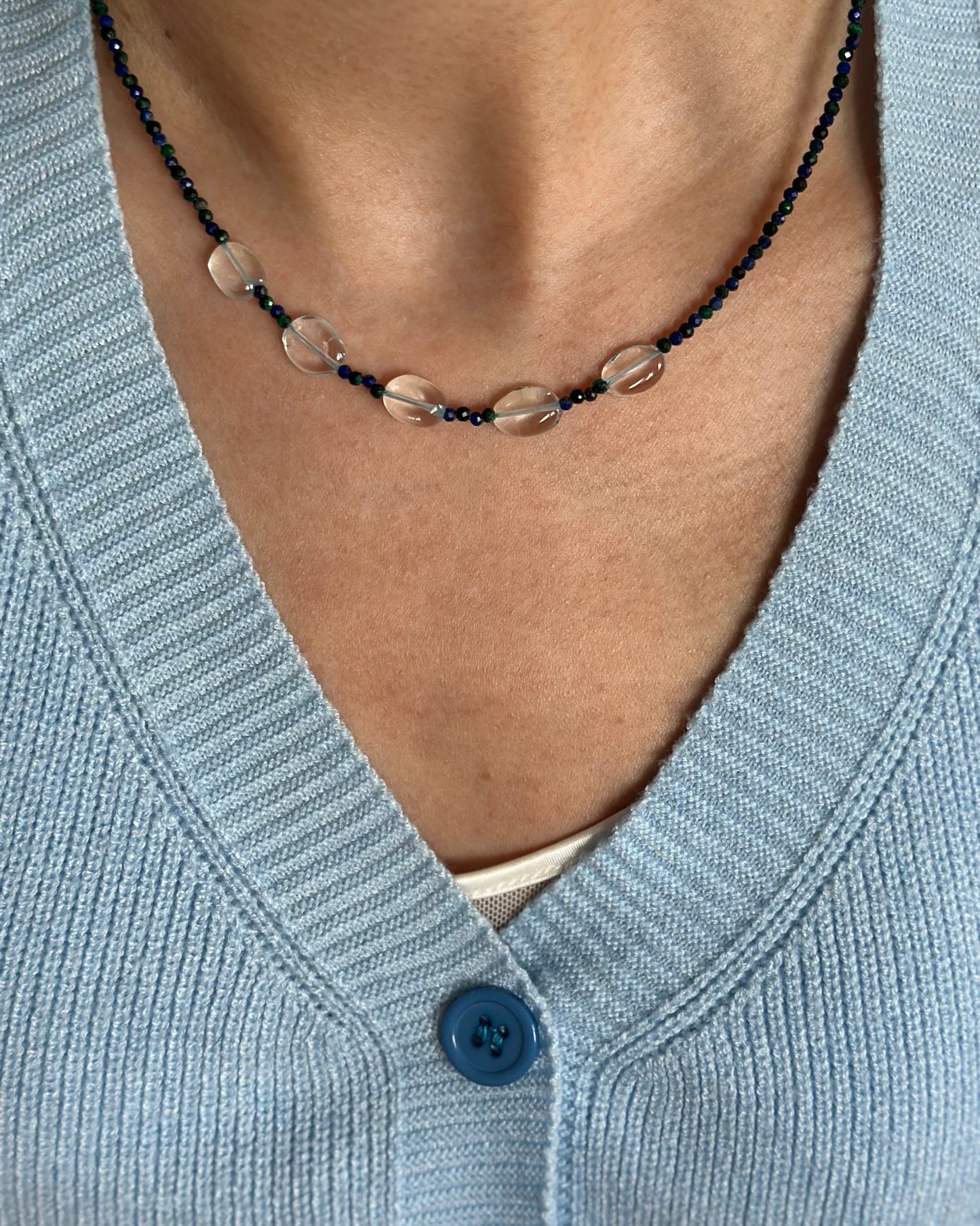 Aquamarine And Malachite Mixed Lapis Beaded Necklace