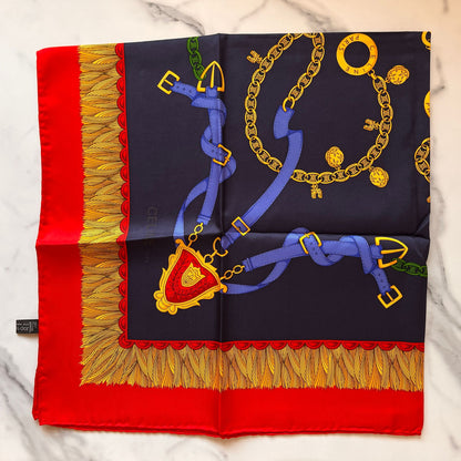 CELINE PARIS Vintage Red And Navy Jewelery Printed Vintage Scarf