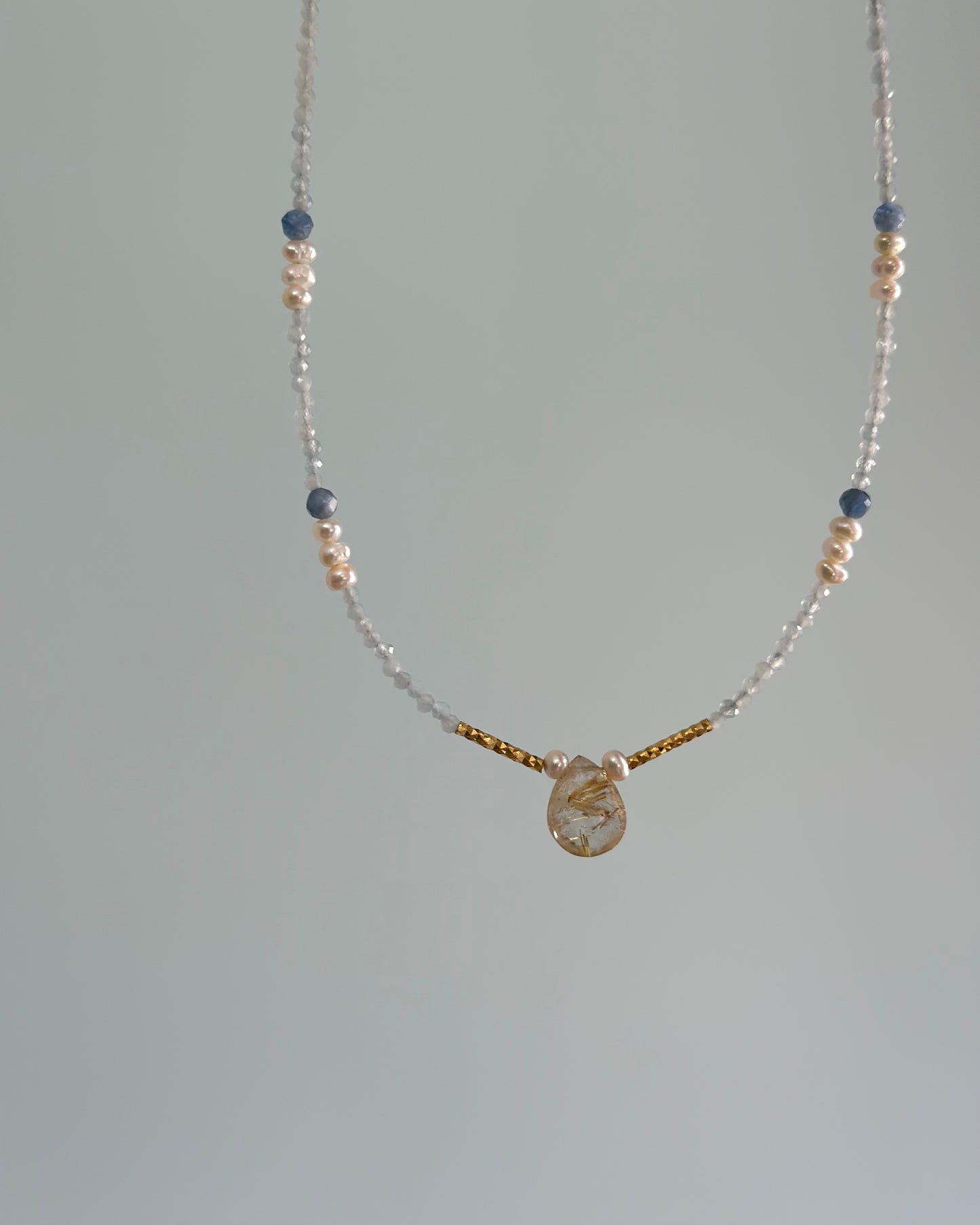 Aquamarine And Golden Rutilated Quartz Beaded Necklace