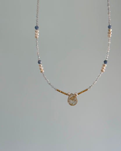 Aquamarine And Golden Rutilated Quartz Beaded Necklace