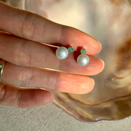 Emerald And Freshwater Pearl Sterling Silver Ear Stud