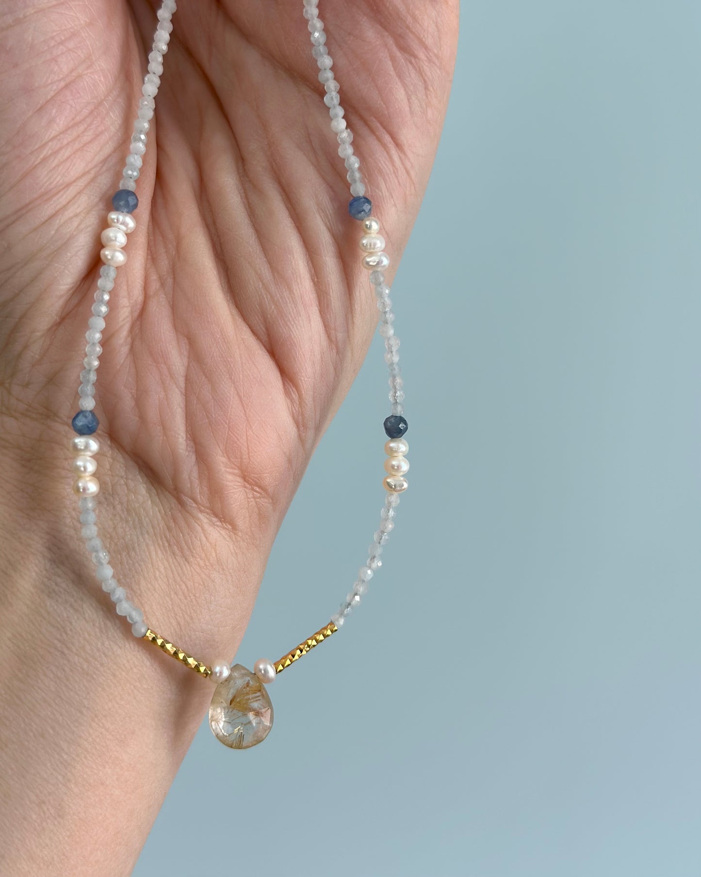 Aquamarine And Golden Rutilated Quartz Beaded Necklace