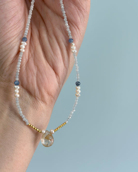 Aquamarine And Golden Rutilated Quartz Beaded Necklace