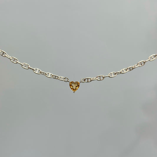 Citrine Heart Mariner Link Chain Sterling Silver Necklace