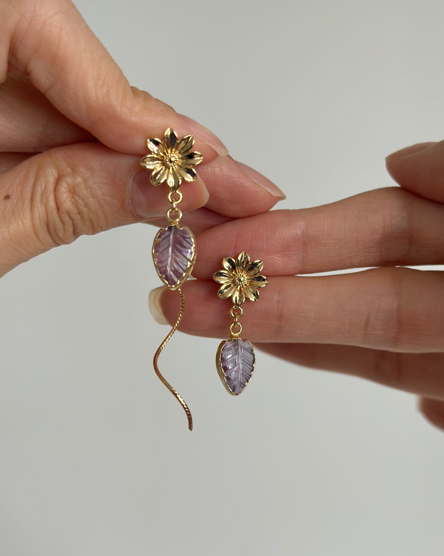 Amethyst Leaves And Floral Gold-plated Ear Stud