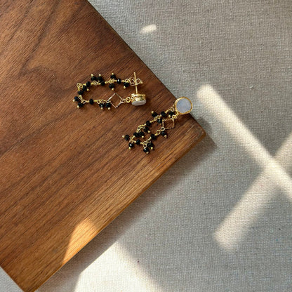 Moonstone And Black Agate Chain Hoop-like Gold-plated Earring