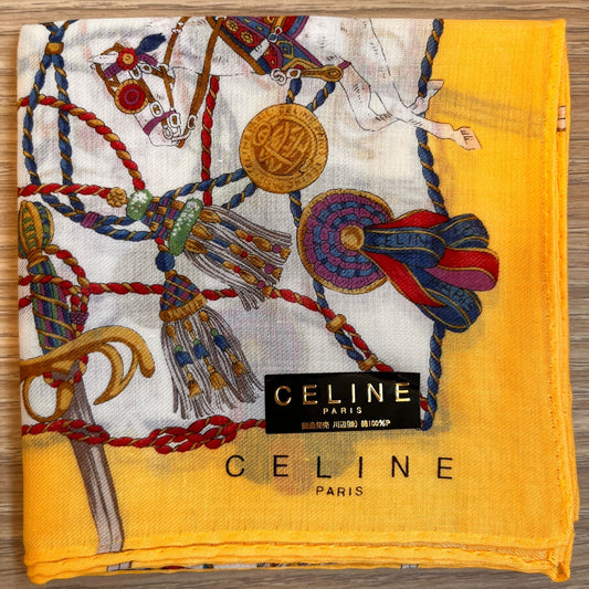 CELINE PARIS Vintage Yellow Horse Printed Handkerchief