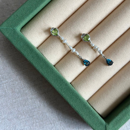 CHRISTMAS SET (2 ITEMS) Peridot Mixed Sapphire Beaded Necklace & Topaz Two-way Earring