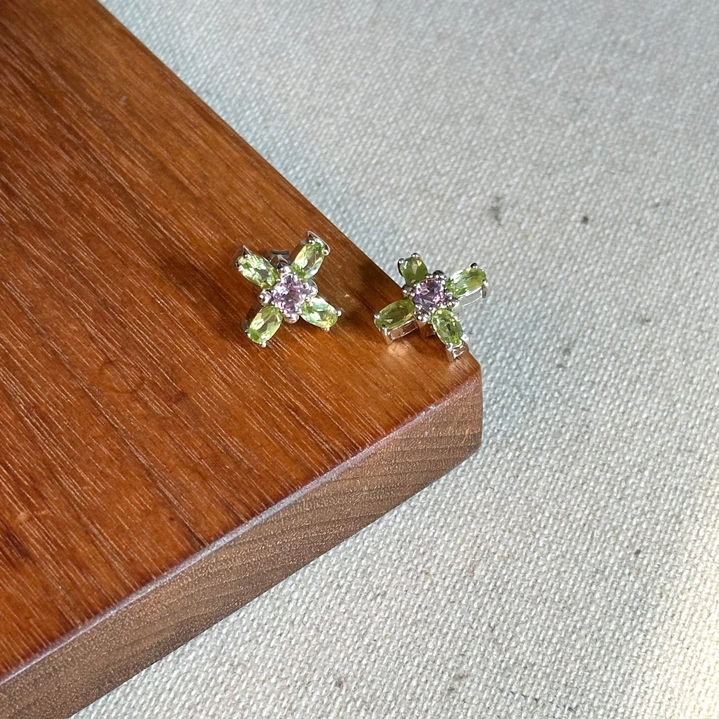 Peridot Cross And Amethyst Sterling Silver Ear Stud