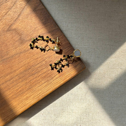 Moonstone And Black Agate Chain Hoop-like Gold-plated Earring