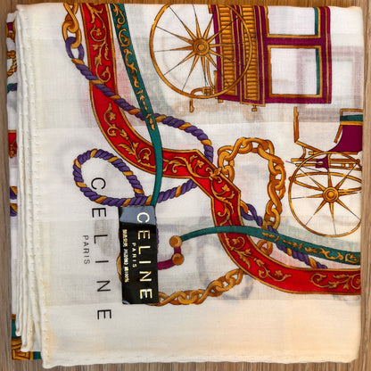 CELINE PARIS Vintage White Chariot Printed Handkerchief