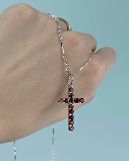 Garnet Cross And Freshwater Pearl Sterling Silver Necklace