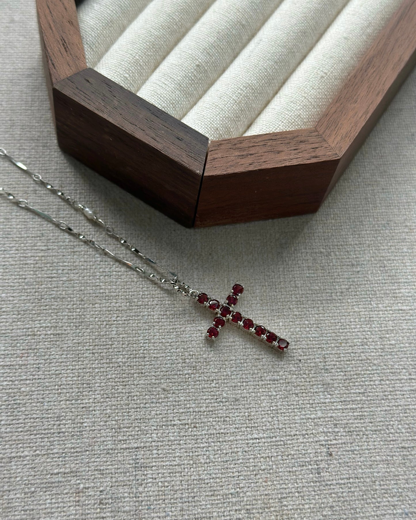 Garnet Cross And Freshwater Pearl Sterling Silver Necklace