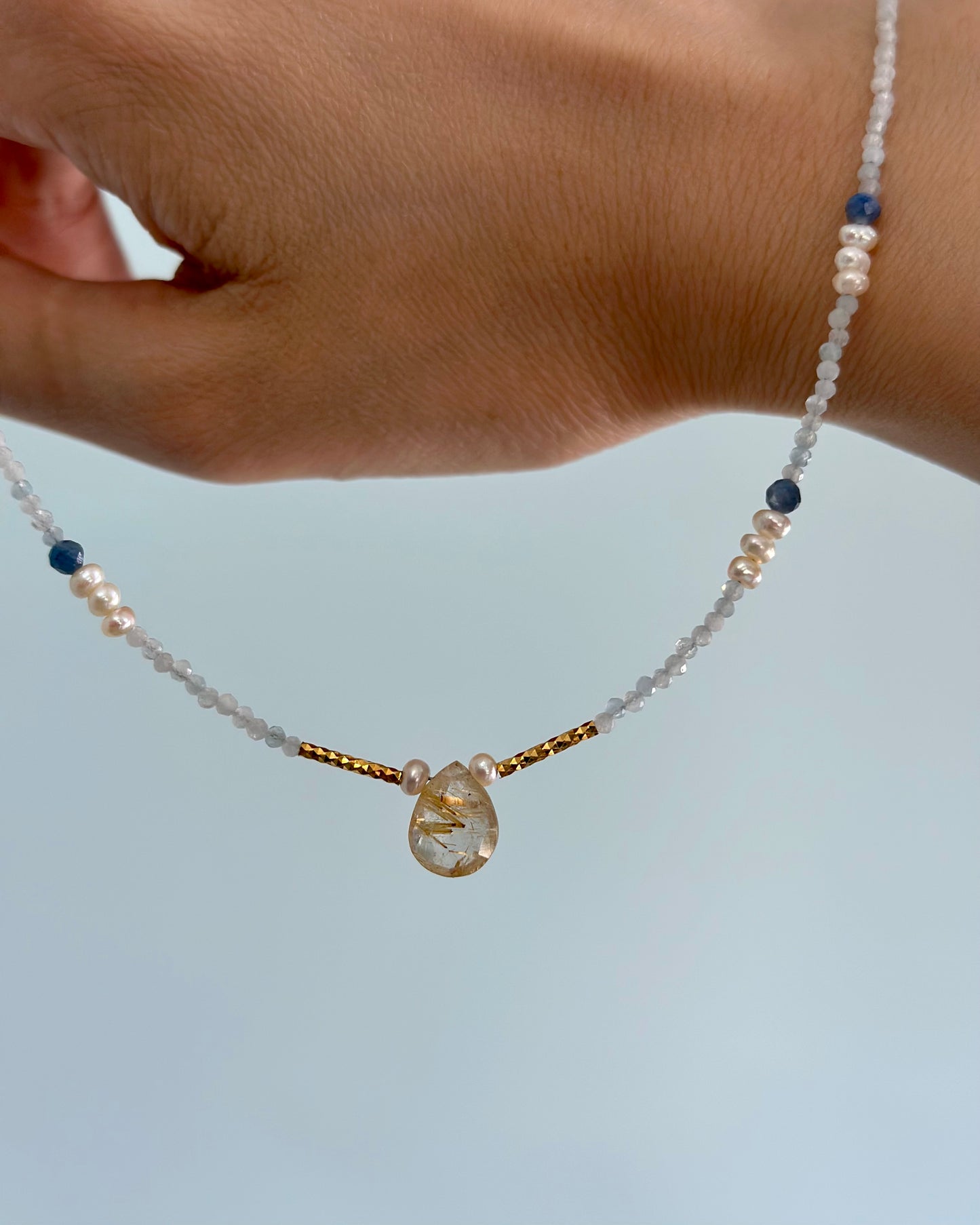 Aquamarine And Golden Rutilated Quartz Beaded Necklace