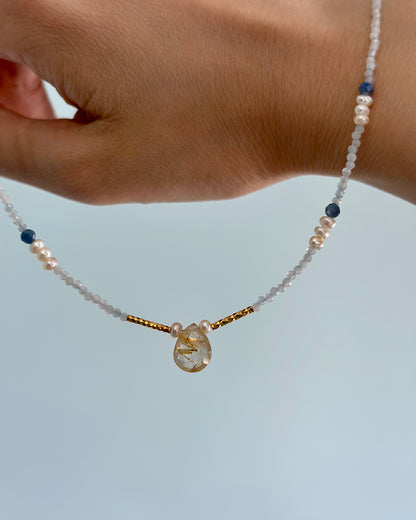 Aquamarine And Golden Rutilated Quartz Beaded Necklace