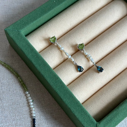 CHRISTMAS SET (2 ITEMS) Peridot Mixed Sapphire Beaded Necklace & Topaz Two-way Earring