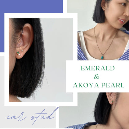 Emerald And Akoya Pearl 18K Solid Gold Ear Stud