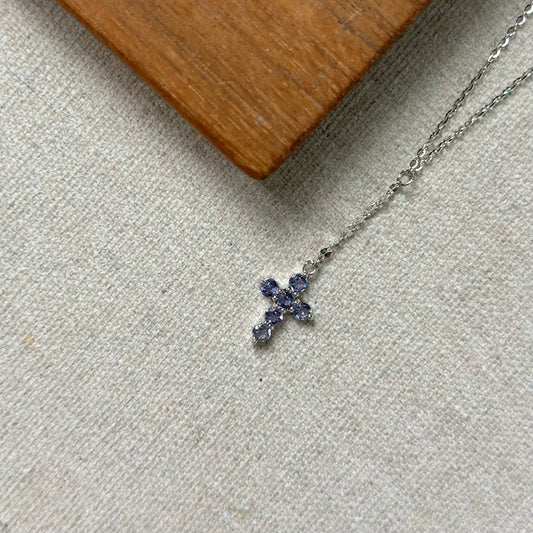 Iolite Cross Y-shaped Front Sterling Silver Necklace
