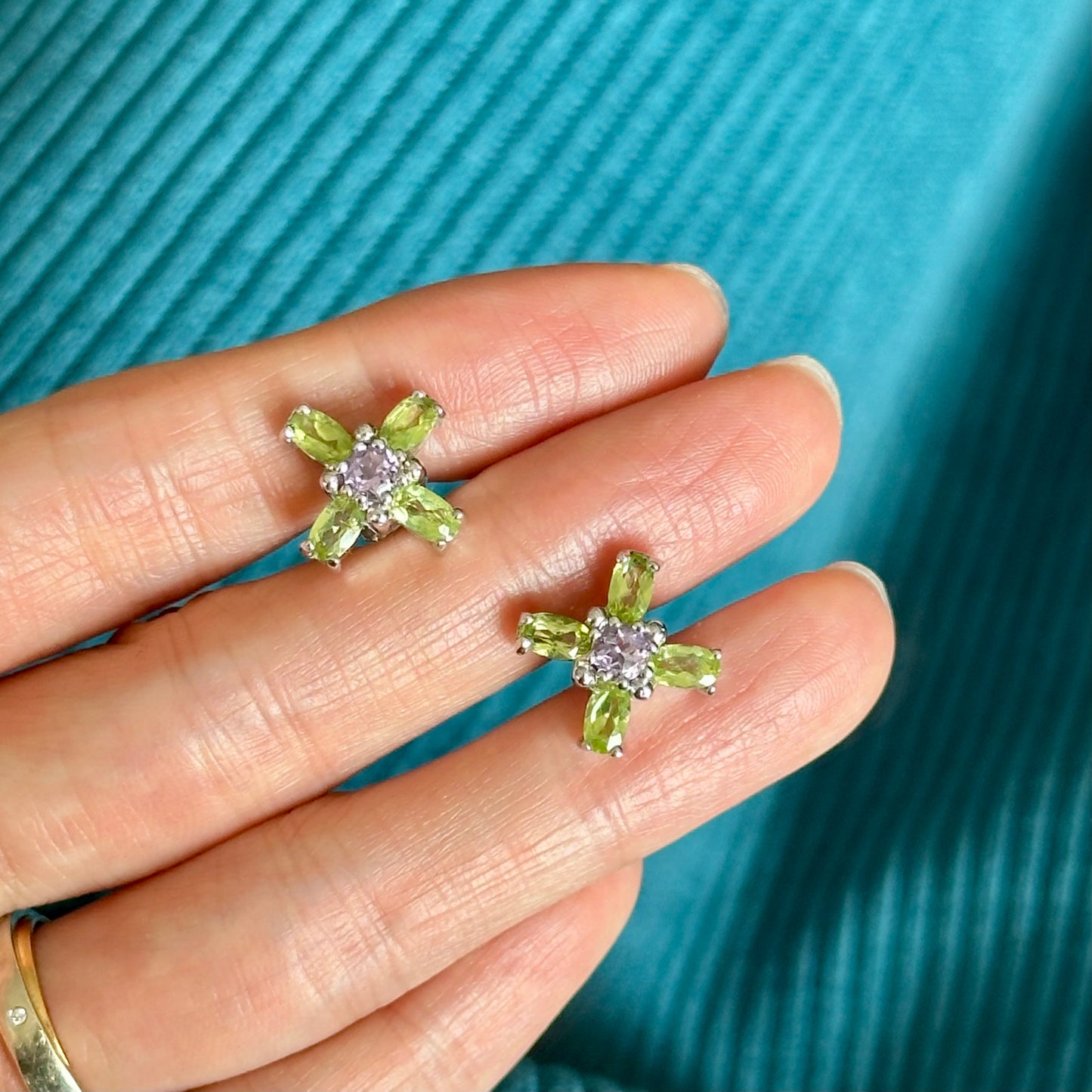 Peridot Cross And Amethyst Sterling Silver Ear Stud