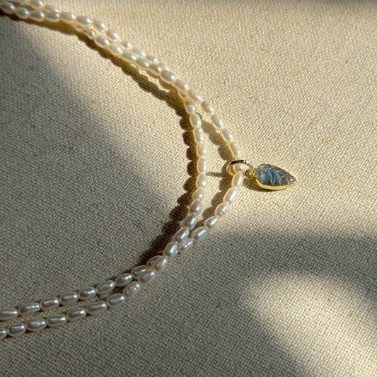 Freshwater Pearl Beaded And Labradorite Leaves Double Layer Necklace