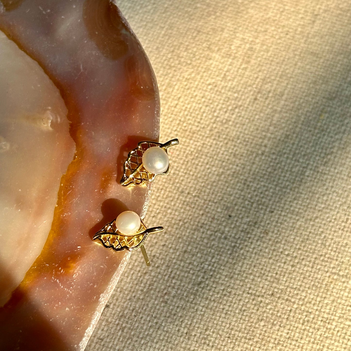 Leaves And Freshwater Pearl Gold-plated Stud