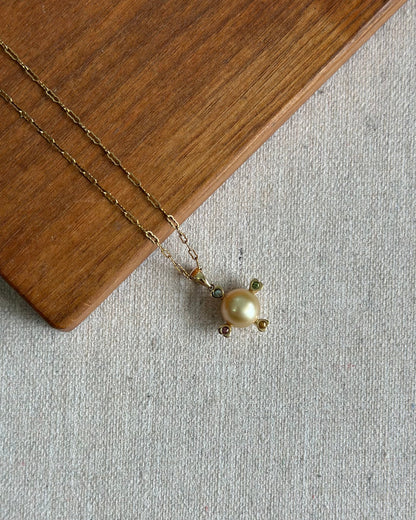 14K Solid Gold South Sea Golden Pearl 10mm And Tourmaline Necklace