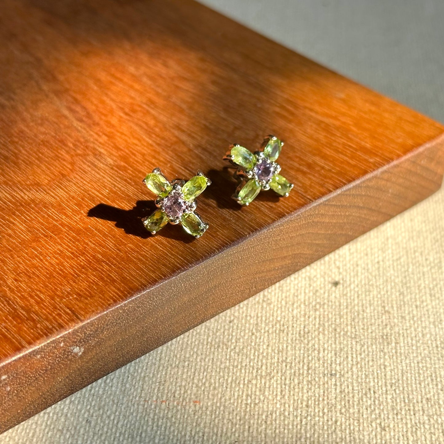 Peridot Cross And Amethyst Sterling Silver Ear Stud