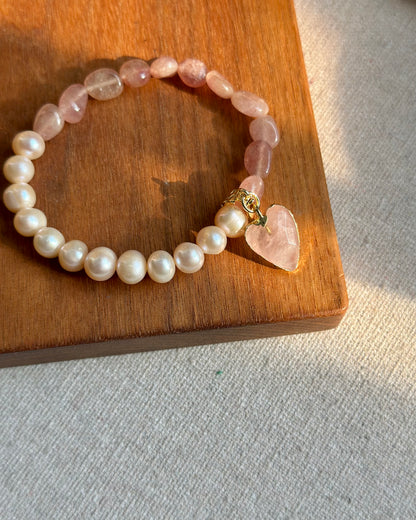 Strawberry Quartz And Rose Quartz Heart Beaded Bracelet