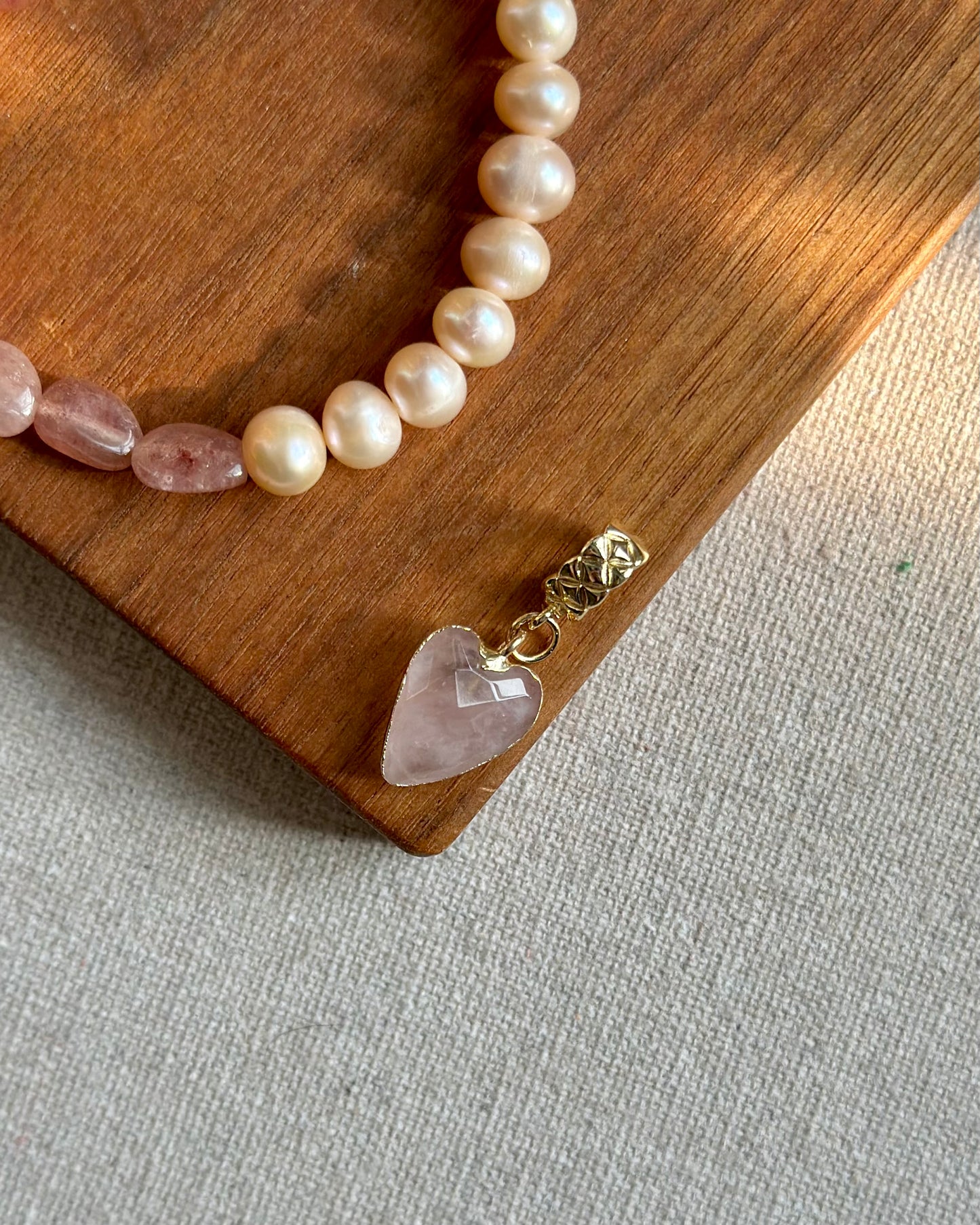 Strawberry Quartz And Rose Quartz Heart Beaded Bracelet