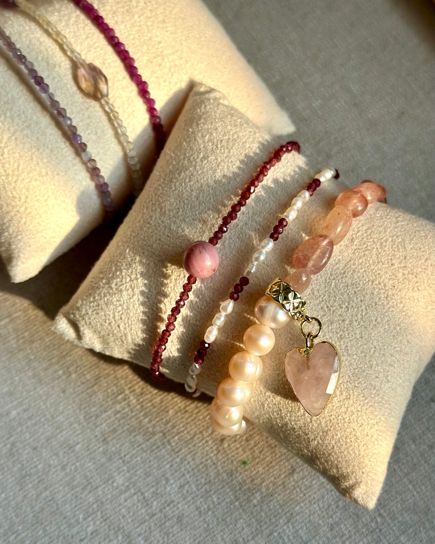 Strawberry Quartz And Rose Quartz Heart Beaded Bracelet