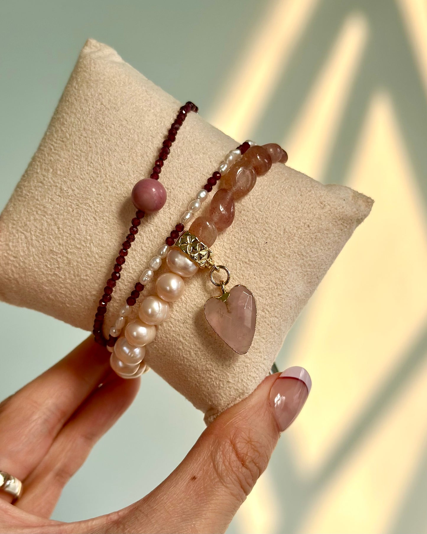 Strawberry Quartz And Rose Quartz Heart Beaded Bracelet