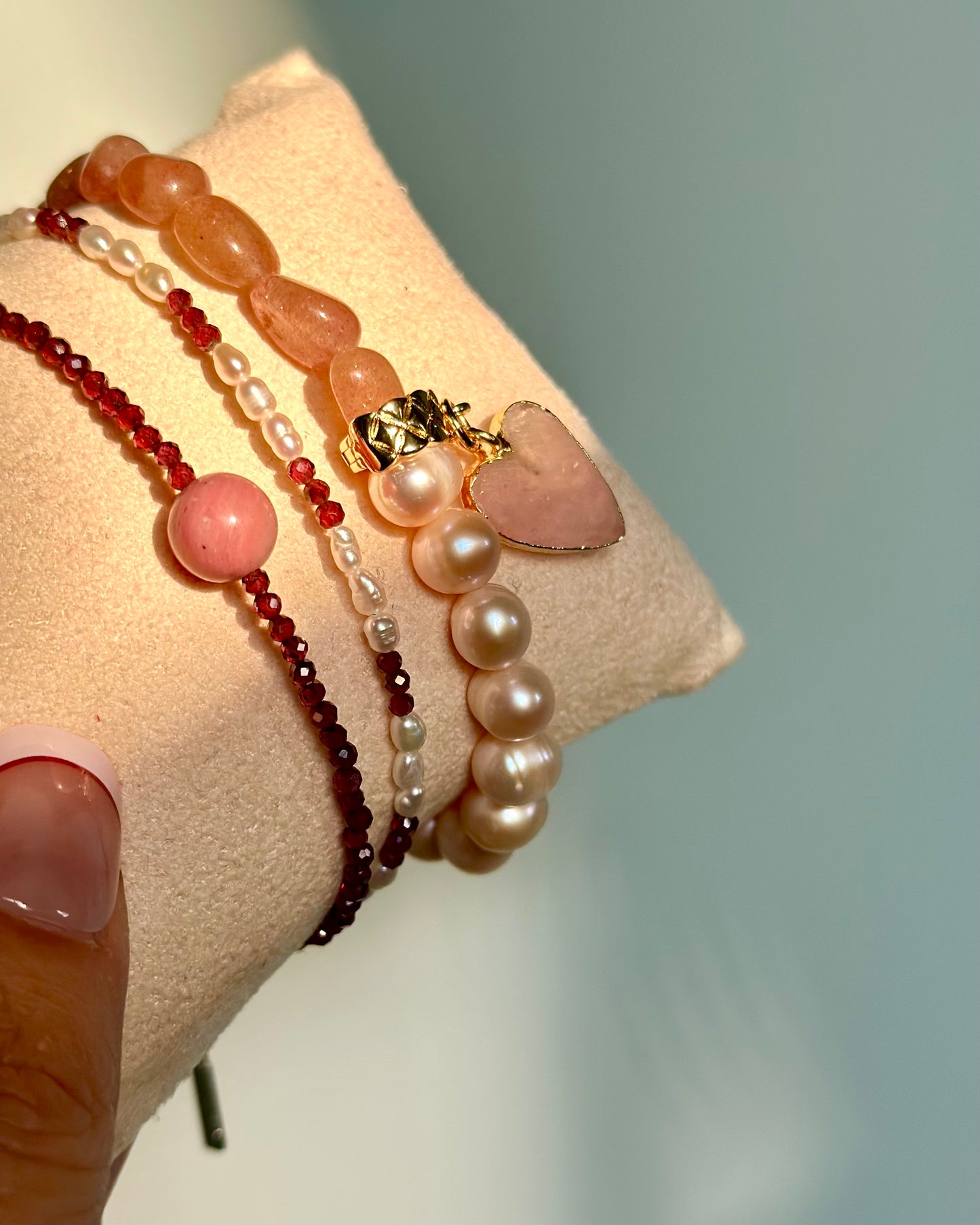 Strawberry Quartz And Rose Quartz Heart Beaded Bracelet