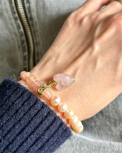 Strawberry Quartz And Rose Quartz Heart Beaded Bracelet