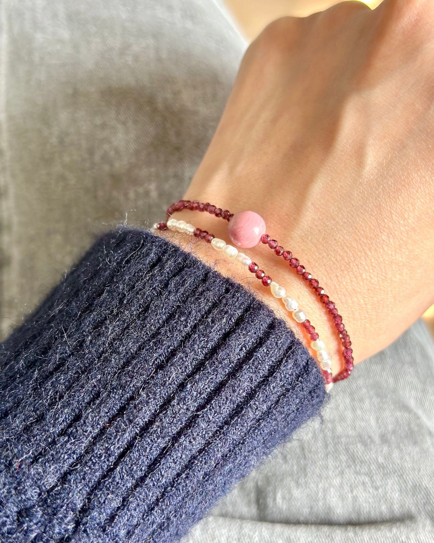 Garnet And Freshwater Pearl Beaded Bracelet