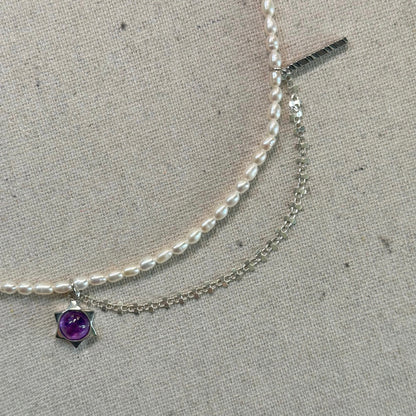 Amethyst And Freshwater Pearl Beaded Sterling Silver Necklace