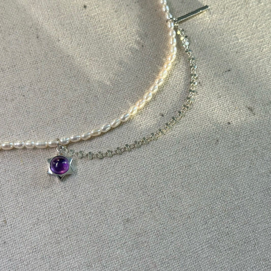 Amethyst And Freshwater Pearl Beaded Sterling Silver Necklace