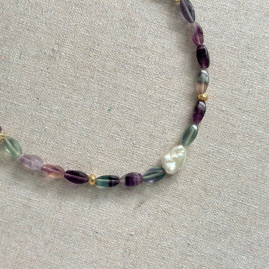 Fluorite And Baroque Pearl Beaded Necklace