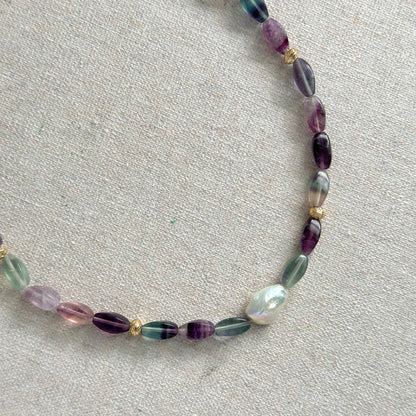 Fluorite And Baroque Pearl Beaded Necklace