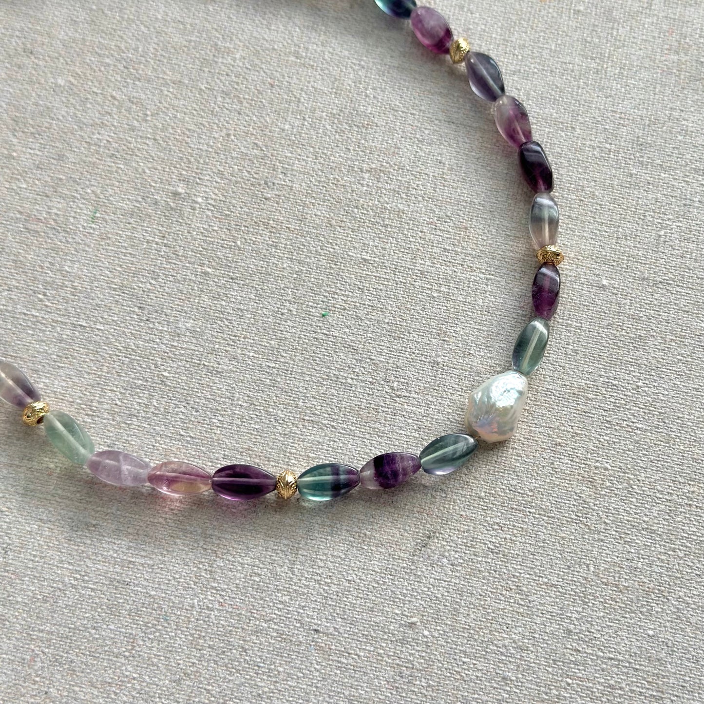 Fluorite And Baroque Pearl Beaded Necklace