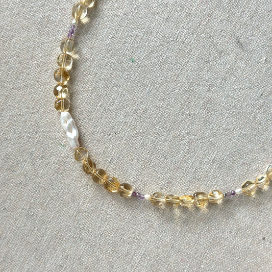 Citrine And Amethyst Mixed Freshwater Pearl Beaded Necklace