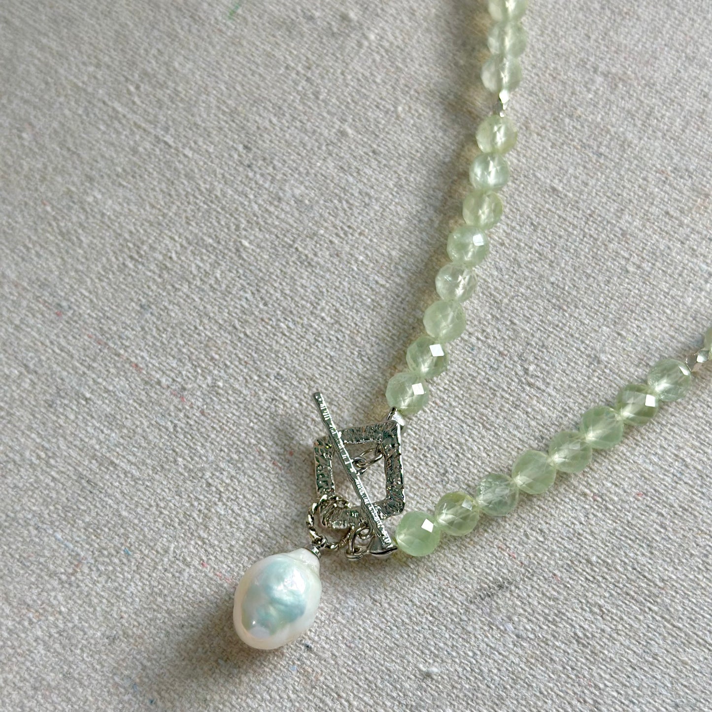 Prehnite Beaded And Baroque Pearl Front Hoop Toggle Necklace