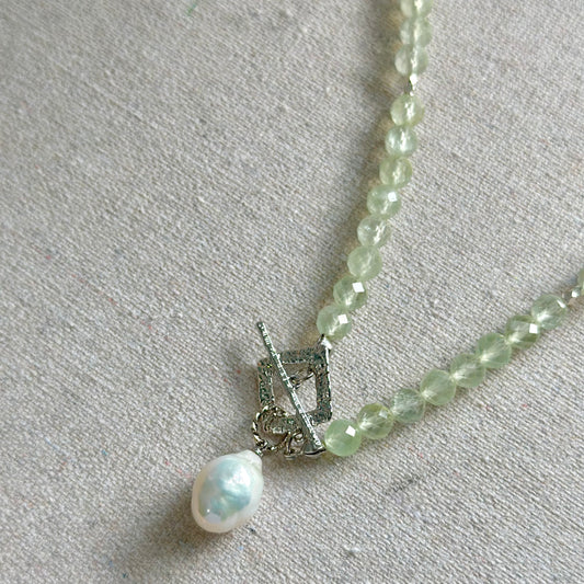Prehnite Beaded And Baroque Pearl Front Hoop Toggle Necklace