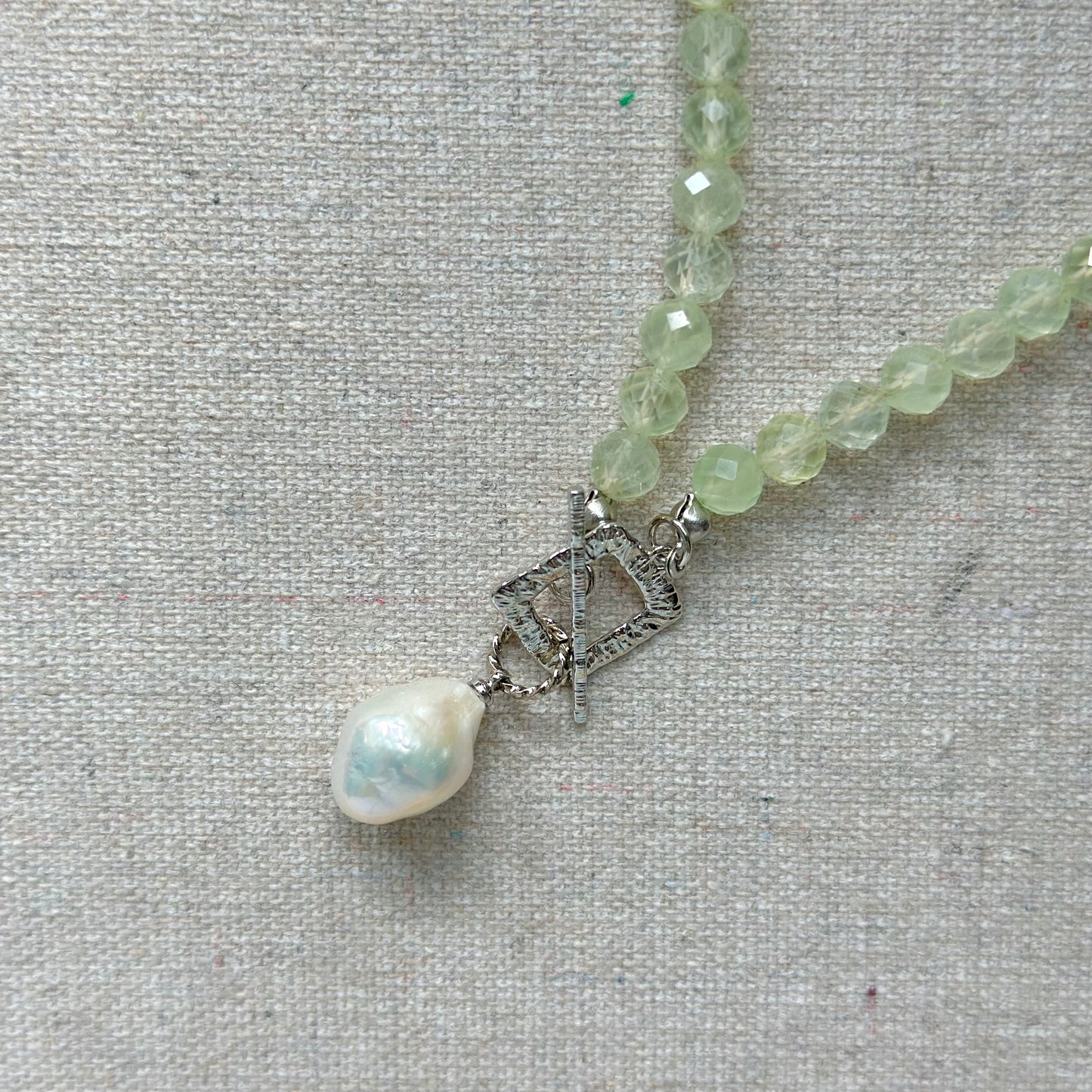 Prehnite Beaded And Baroque Pearl Front Hoop Toggle Necklace