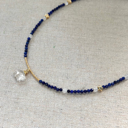 Lapis And Clear Quartz Star Beaded Necklace